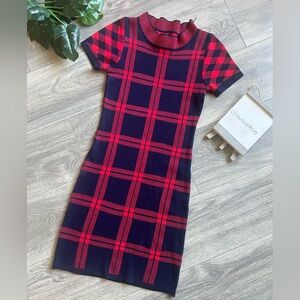 Unbranded mock neck blue and red check short sleeve stretch mini dress. Size S/M